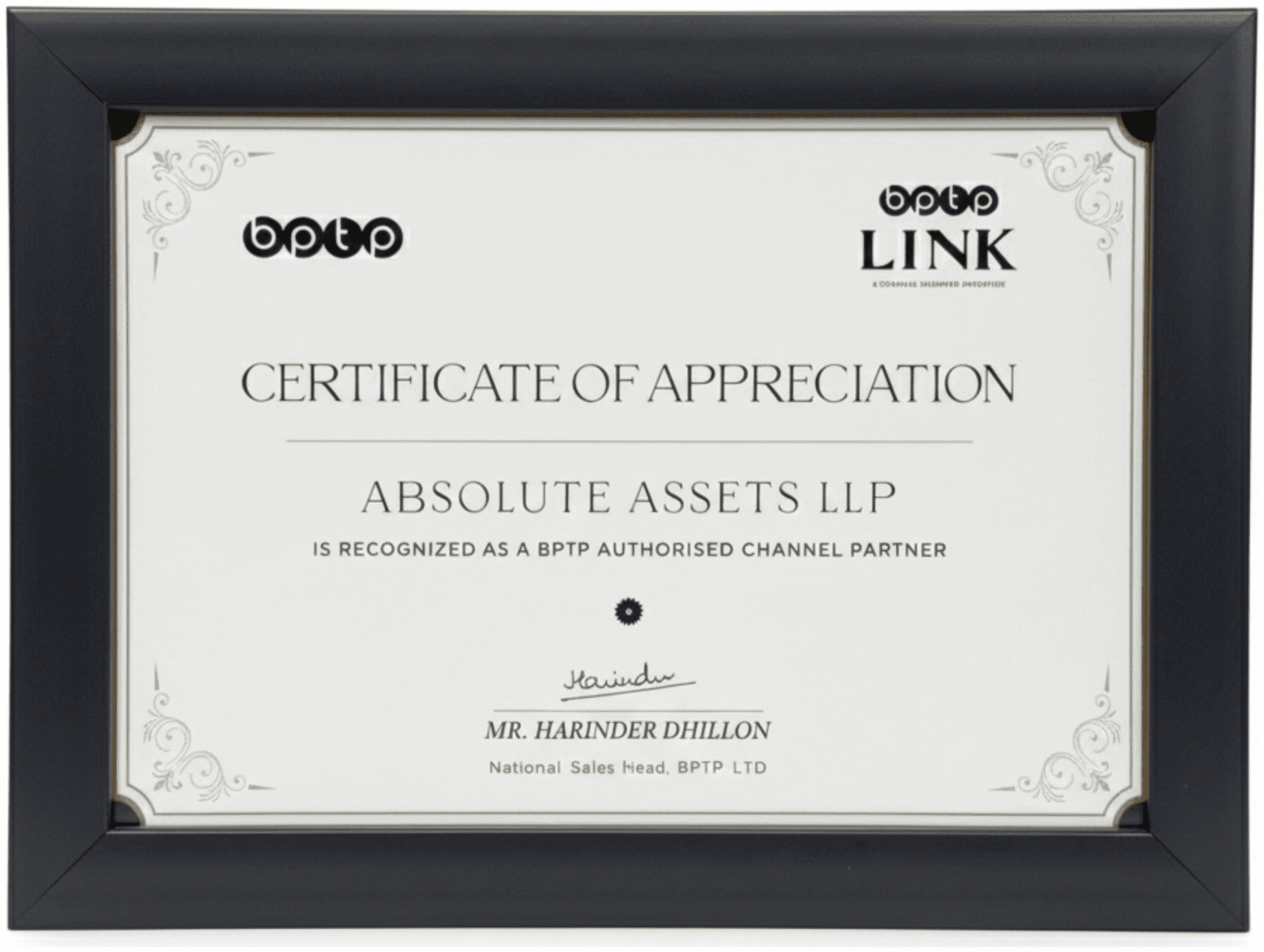 BPTP authorised channel partner certificate for Absolute Assets